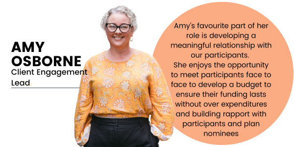 Pictured, Amy Osborne standing next to an orange circle that gives an insight into Canny Plan Management's NDIS Services.