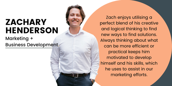 Pictured, Zachary Henderson standing smiling in white business button up and navy-blue trousers. Behind him are his job title and a description of his work ethic.